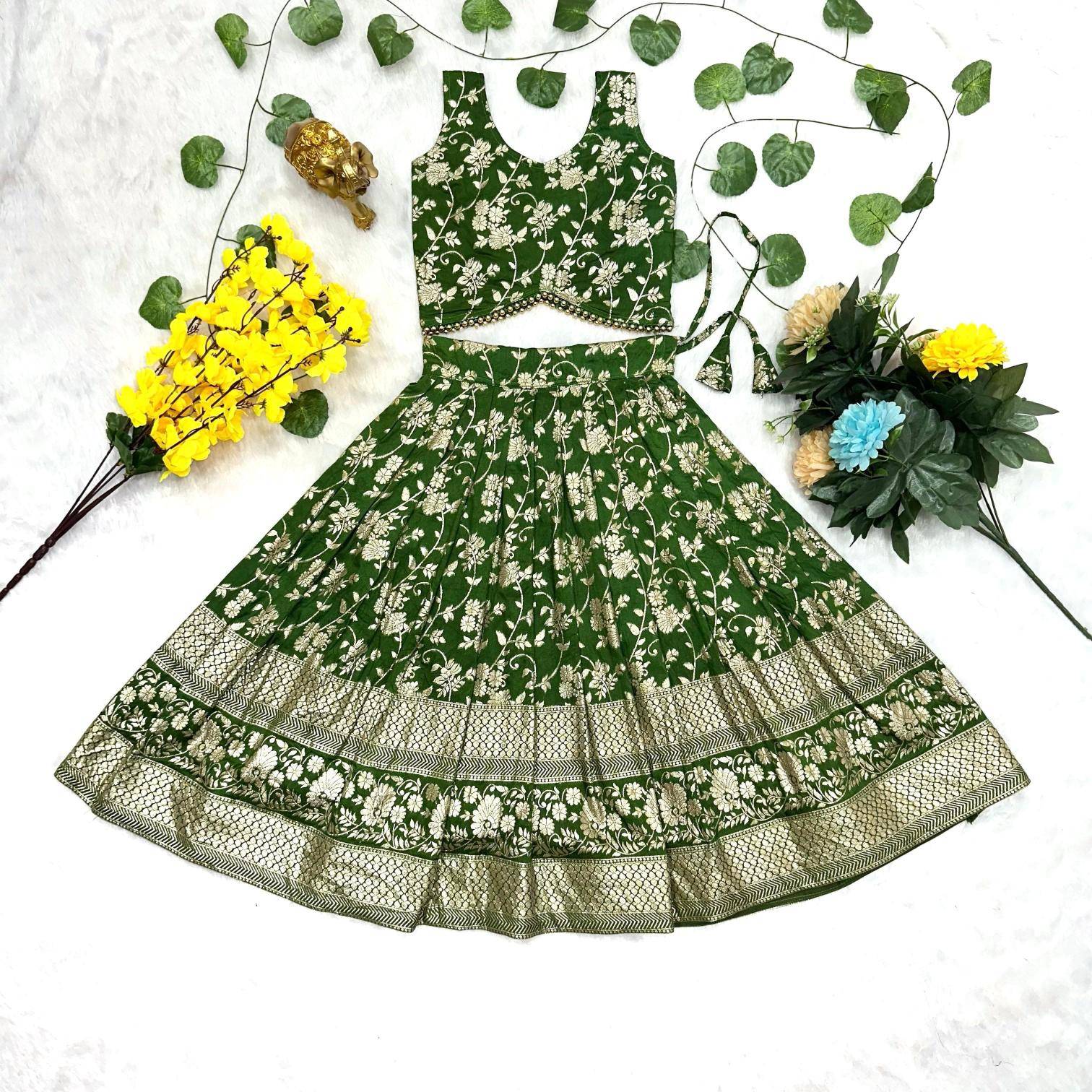 Graceful Green Lehenga Choli Dyeable Dola Children clothing wholesale market in Delhi